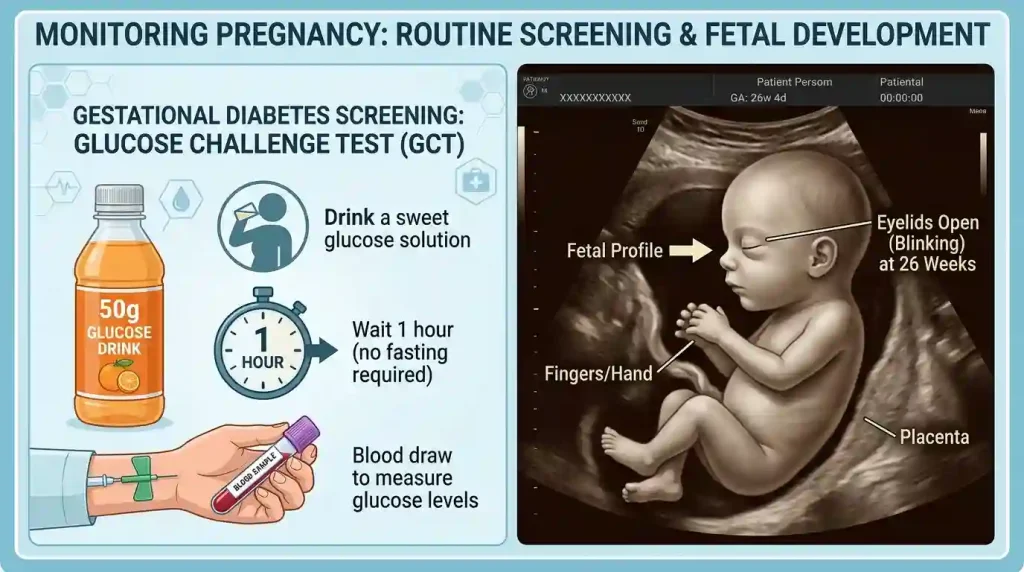 Illustration showing the Glucose Challenge Test (GCT) and a 26-week fetus blinking in an ultrasound.