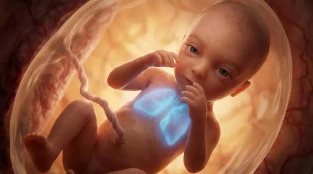 3D medical illustration of a 26-week fetus with open eyes and glowing lungs indicating surfactant production.