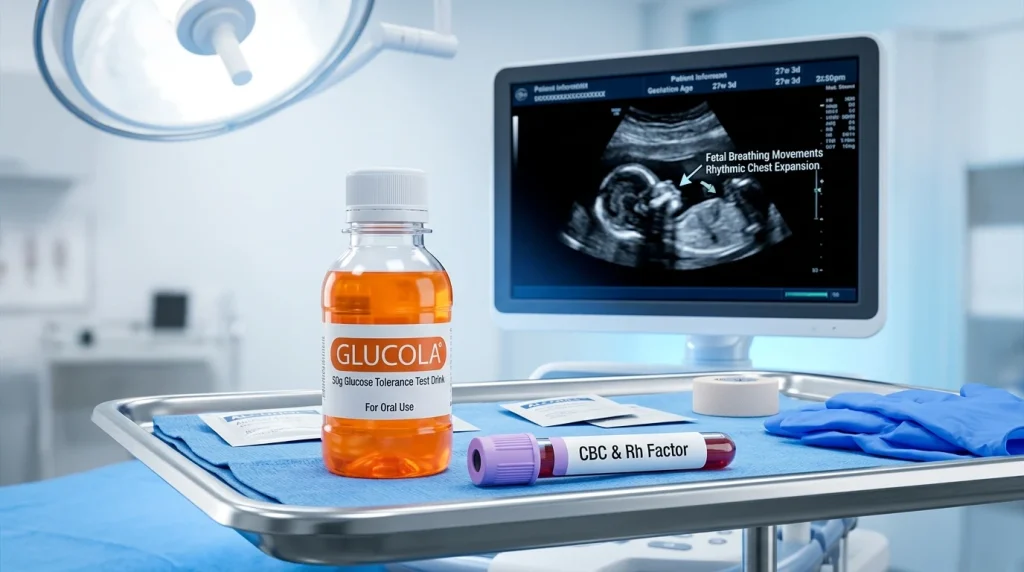  Illustration showing the Glucose Challenge Test (GCT) deadline and Rh factor (Anti-D) blood screening.