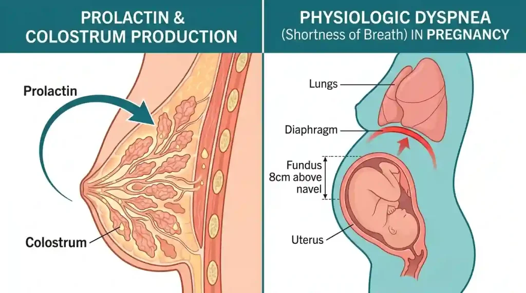 Medical infographic explaining colostrum production by Prolactin and diaphragm compression at 28 weeks.