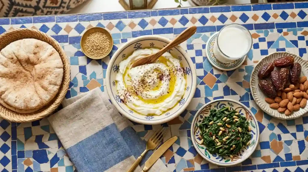 Arab diet rich in Calcium and Iron to support bone calcification and blood volume in the 3rd trimester.