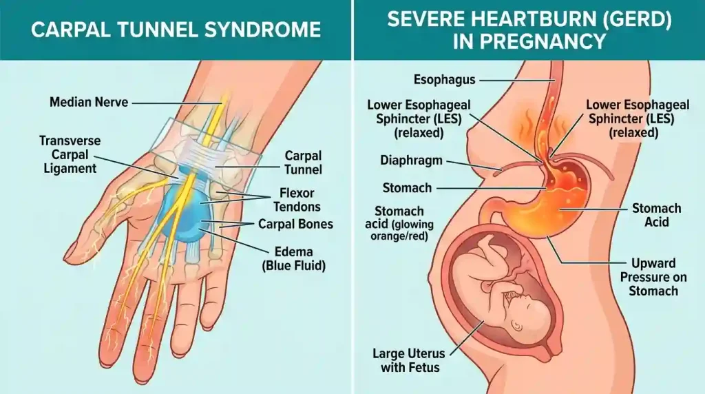  Medical infographic explaining Carpal Tunnel Syndrome and severe Heartburn at 30 weeks pregnant.