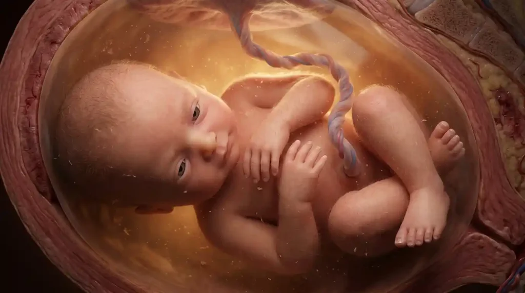 3D medical illustration of a 32-week fetus in a head-down (cephalic) position, shedding lanugo hair.