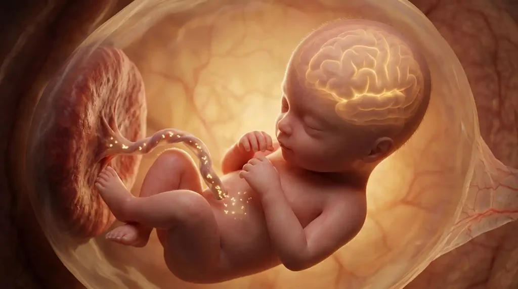  3D medical illustration of a 33-week fetus showing brain development and placental antibody transfer.