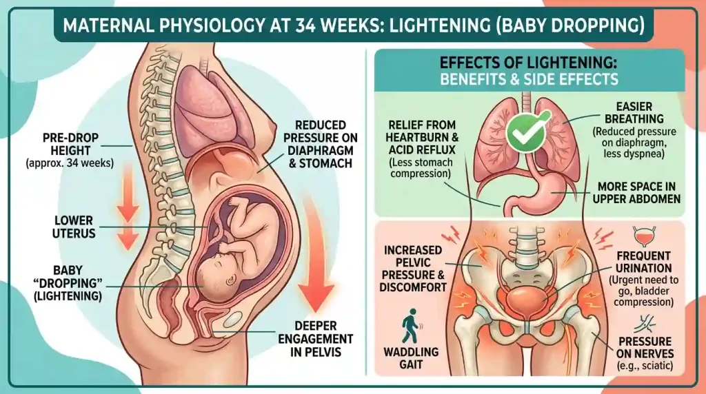 Medical infographic explaining fetal dropping (Lightening) and increased pelvic pressure at 34 weeks pregnant.