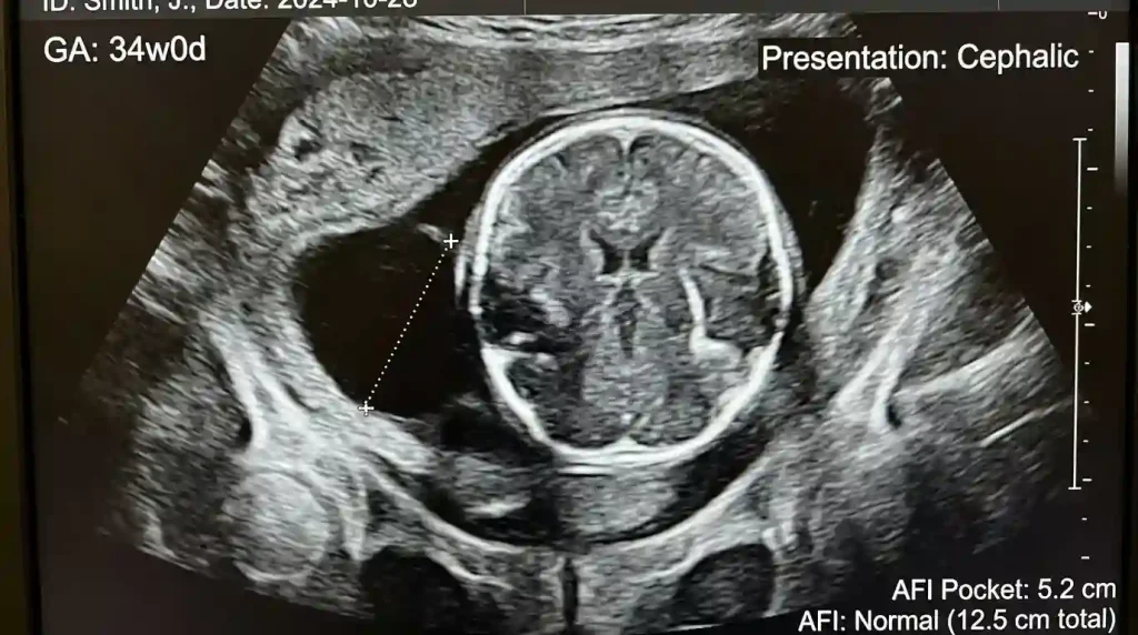 Ultrasound of a 34-week fetus showing cephalic presentation and measuring amniotic fluid.