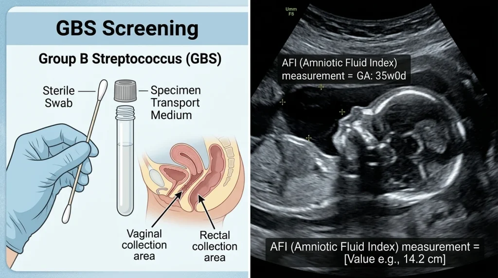 Illustration showing the Group B Strep (GBS) swab test process and a 35-week fetus ultrasound.
