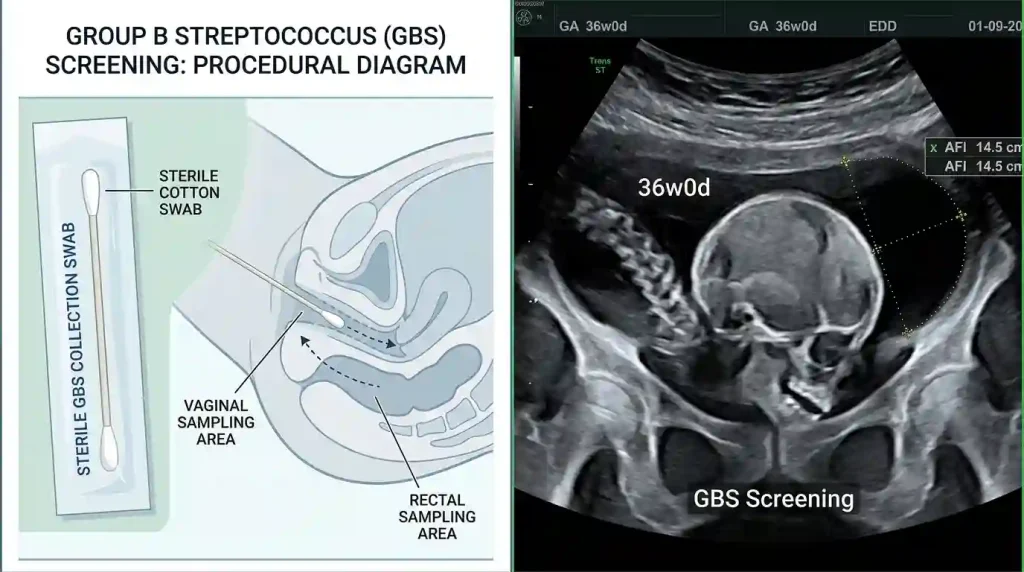  Medical illustration showing the Group B Strep (GBS) swab test process and a 36-week fetus ultrasound.