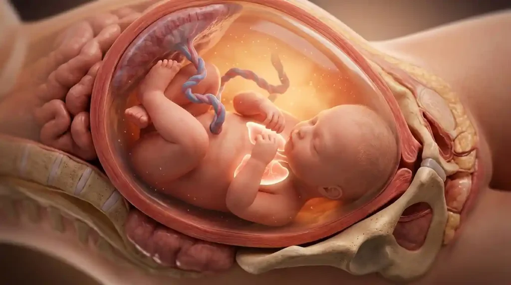3D medical illustration of a 36-week fetus showing engagement in the maternal pelvis and nearly mature lungs.